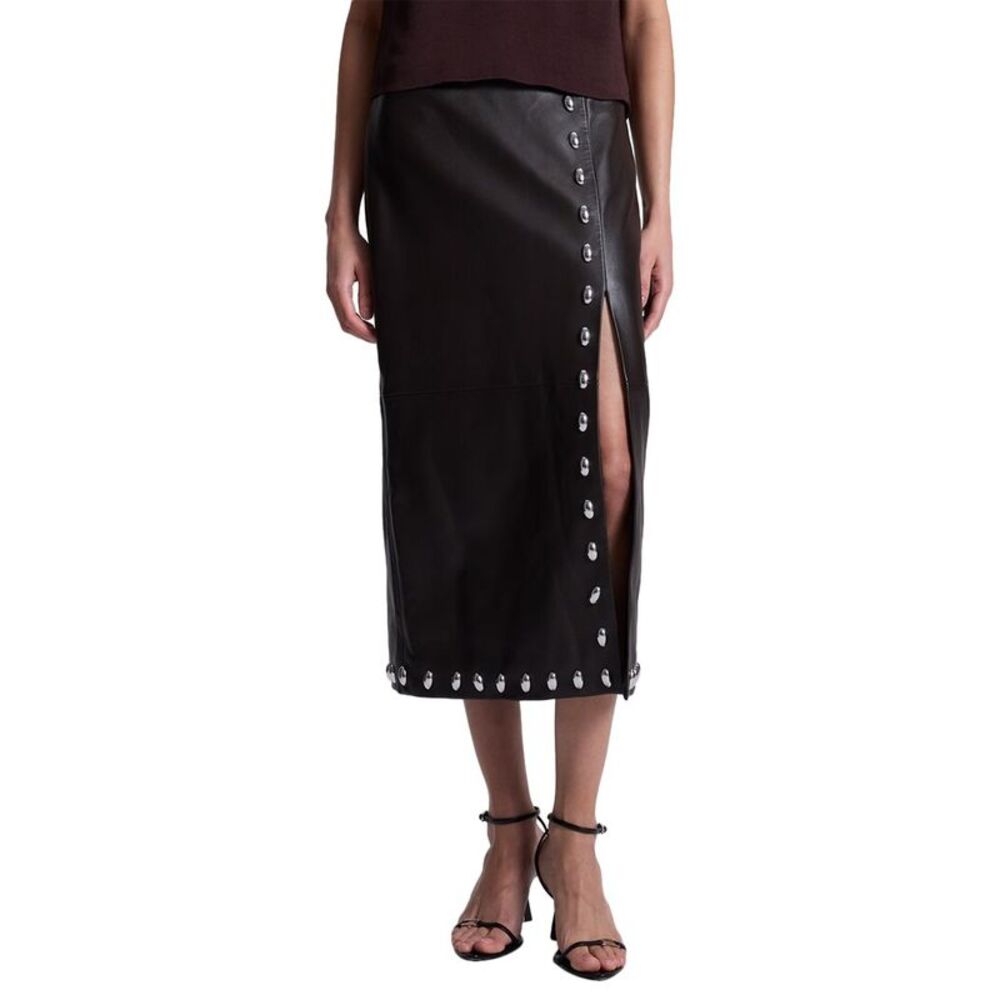 A.L.C. Black Midi Leather Skirt with Silver Stud Trim
